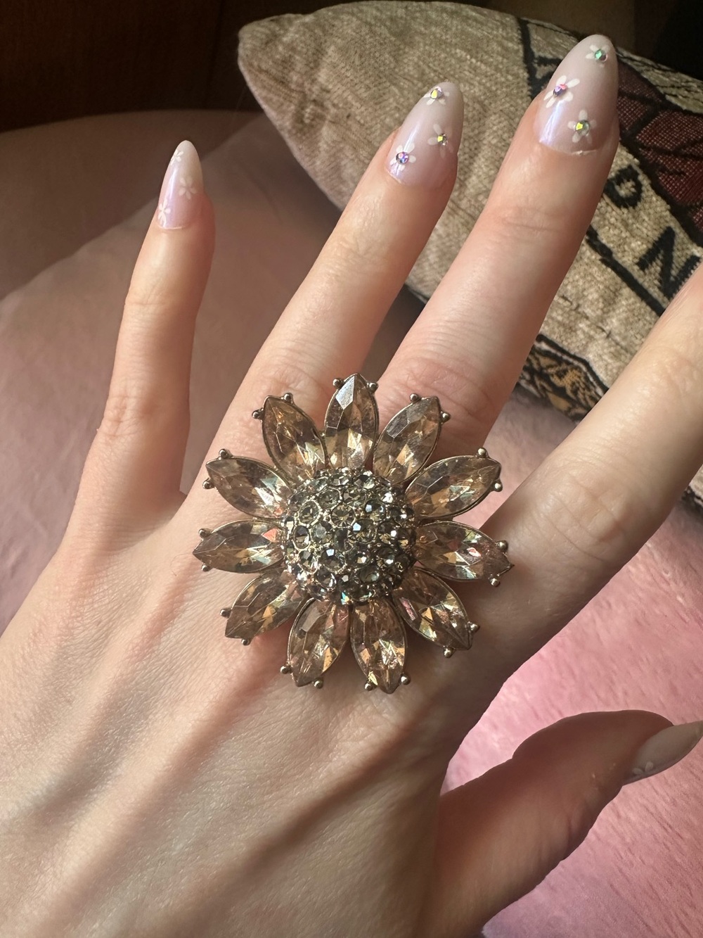Sparkly Sunflower Rhinestone Cocktail Ring - Picture 13 of 17